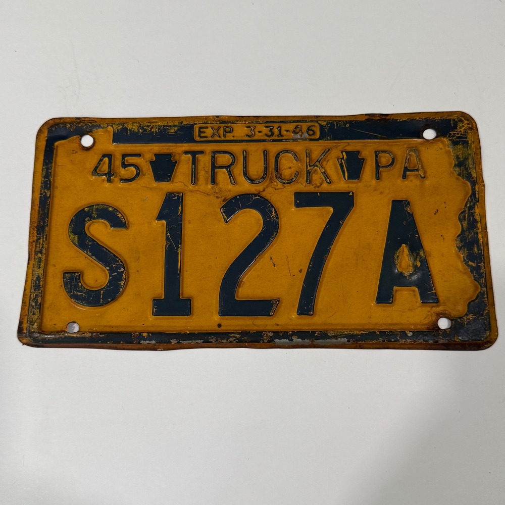 Pennsylvania License Plate Truck Yellow Blue 1945 Vintage PA S127A Embossed